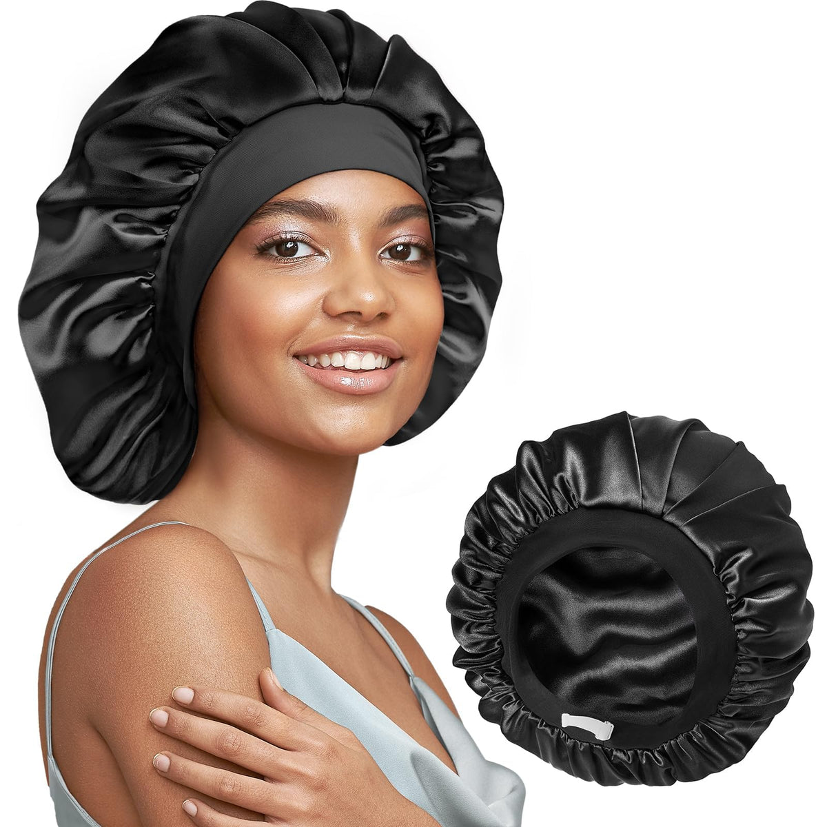 Umisleep front view of black silk bonnet showing sleek fit and protection