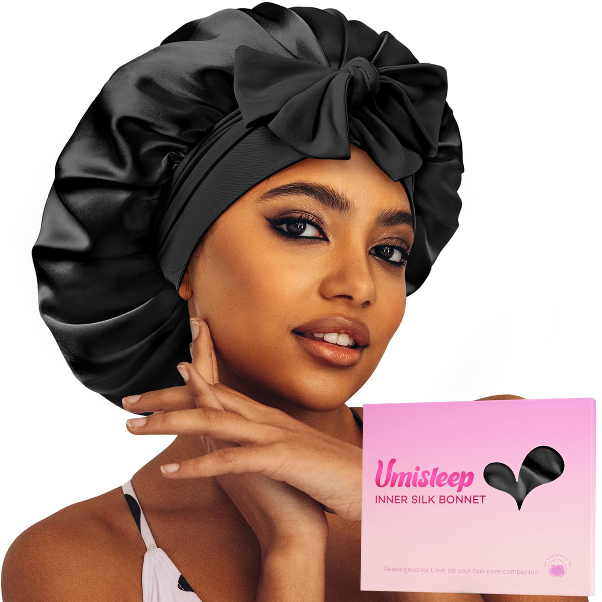 Umisleep front view showing elegant packaging and black bonnet benefit gifting