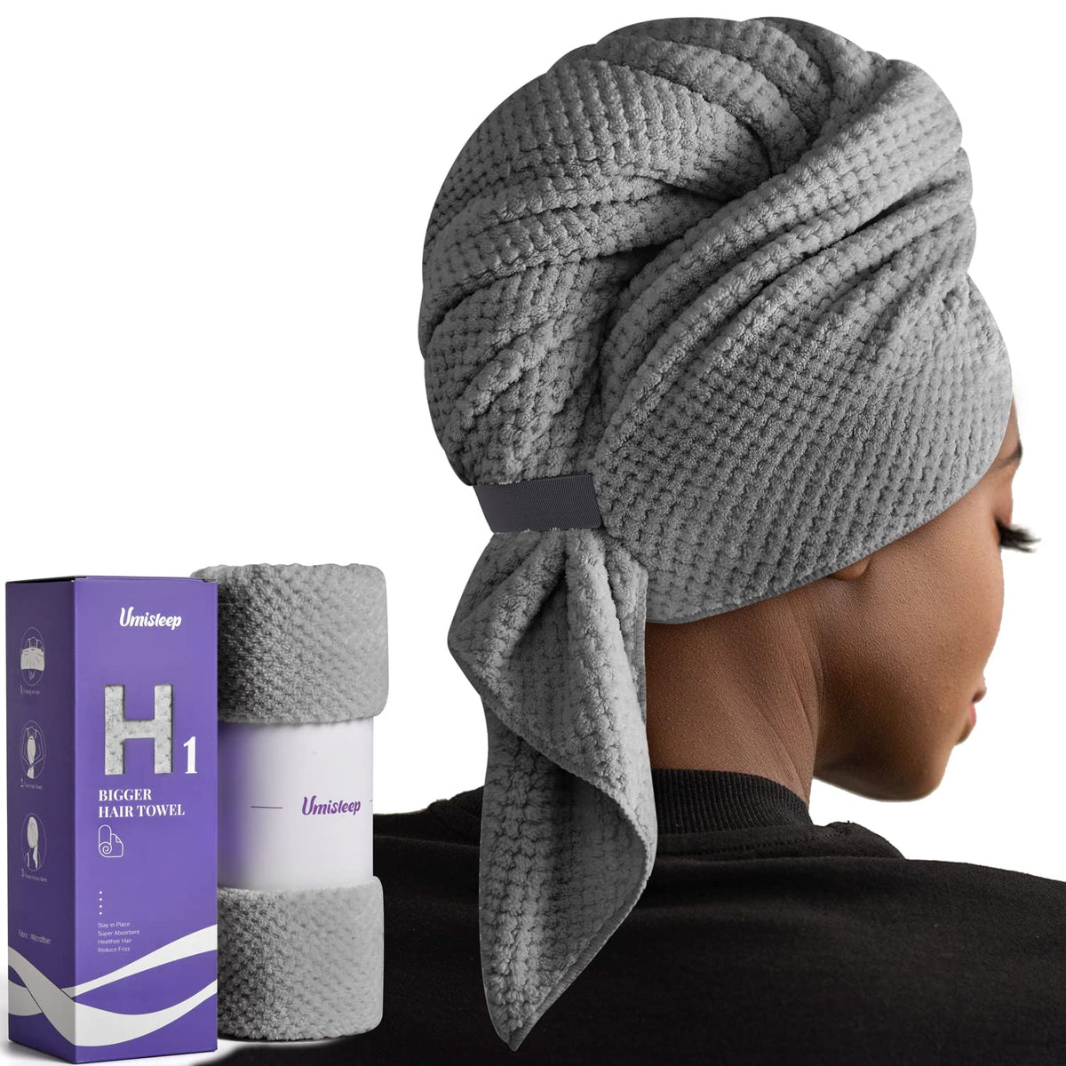 Umisleep front view showing oversized grey towel and quick-dry benefit