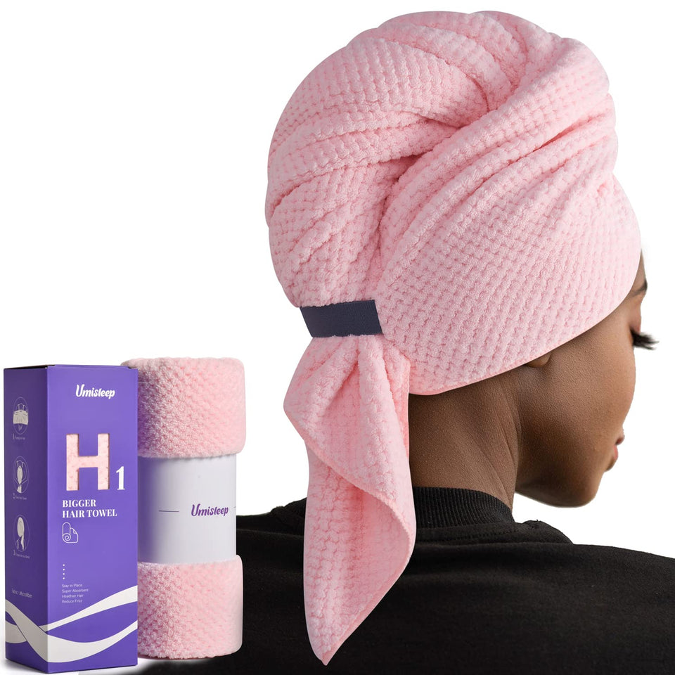 Umisleep front packaging showing pink extra-large towel, highlights quick-dry benefit