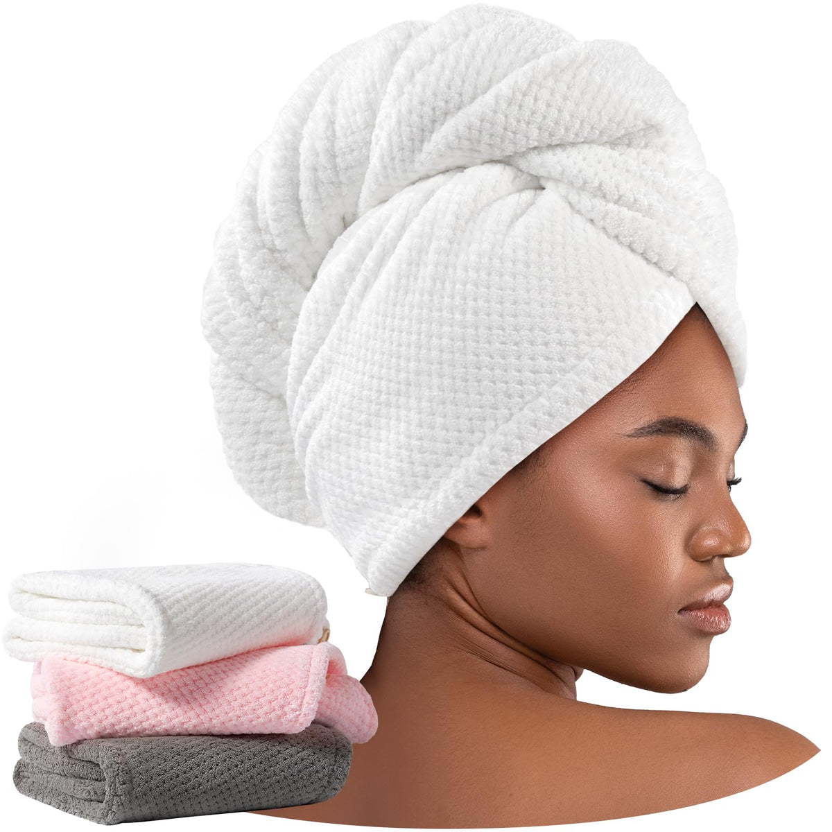 Umisleep front view of three towel wraps showing colors and compactness for quick drying