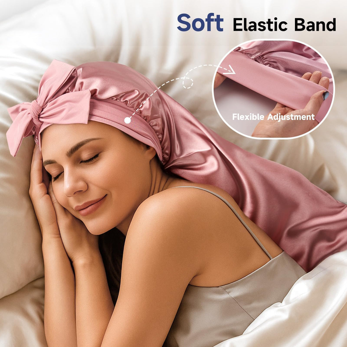 Umisleep bonnet holding long braids to show extra length and volume protection