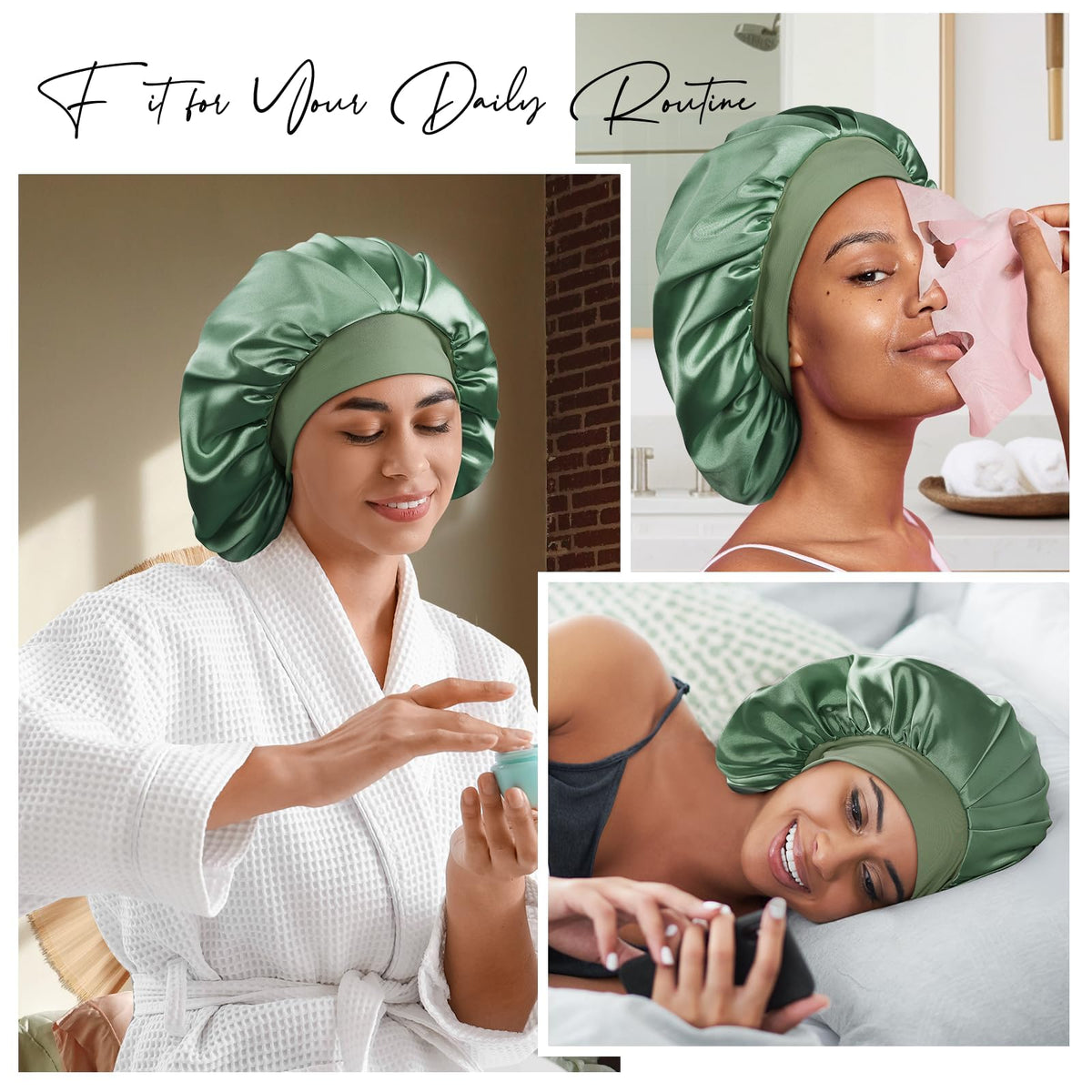 Umisleep bonnet worn on pillow in bedroom scene, keeps hair neat and reduces frizz benefit