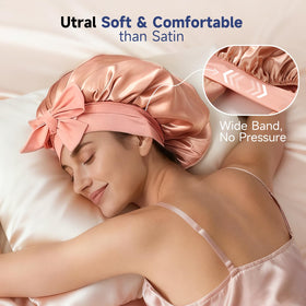 Umisleep bonnet worn by model with curly hair preserving style overnight