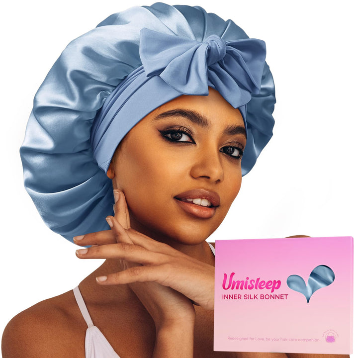 Umisleep front packaging showing blue silk bonnet and branding, gift-ready presentation