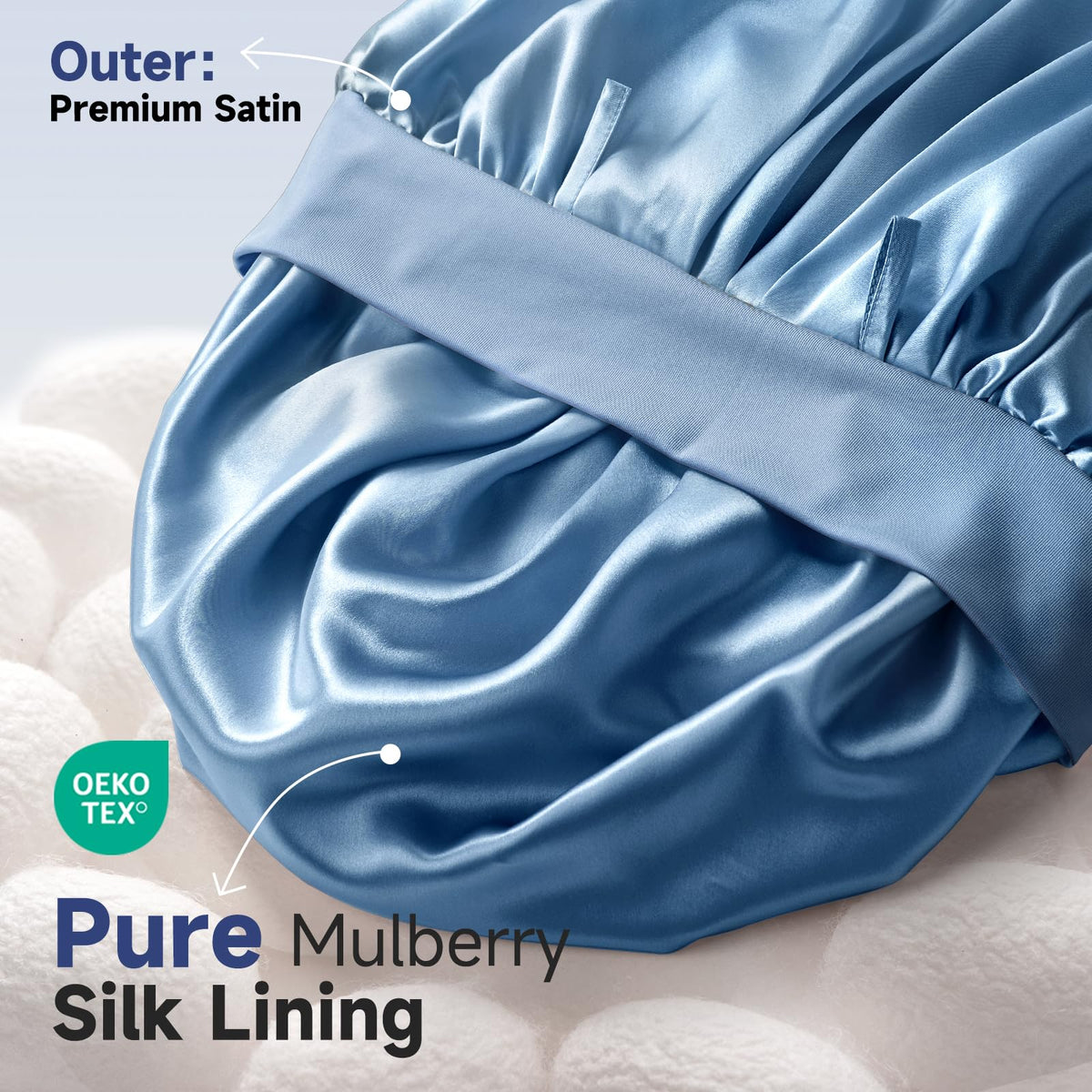 Umisleep close-up of 22 Momme mulberry silk lining, smooth texture protects hair