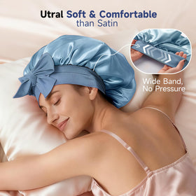 Umisleep bonnet displayed with long curly hair to show roomy 13 inch interior capacity
