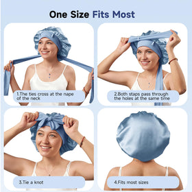 Woman wearing Umisleep bonnet with curly hair, comfortable sleep protection preserves style