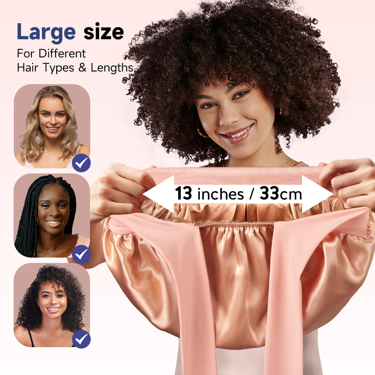 Umisleep bonnet next to hair bundle showing roomy 13 inch interior