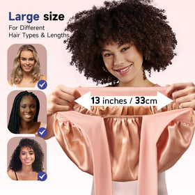 Umisleep bonnet next to hair bundle showing roomy 13 inch interior