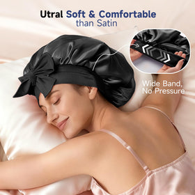 Umisleep bonnet on mannequin showing 13-inch roomy fit benefits