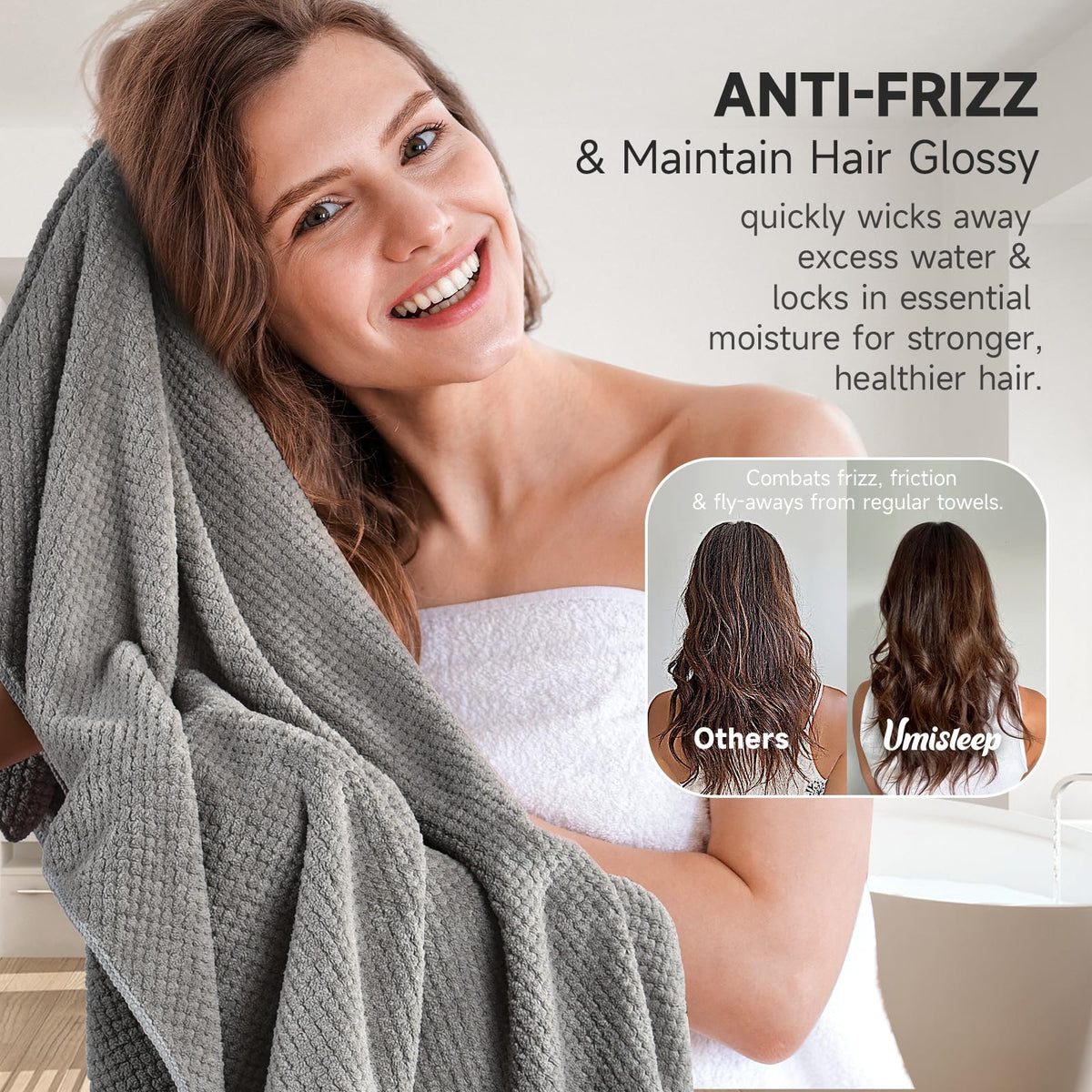 Umisleep towel beside hairbrush showing extra-large size benefit