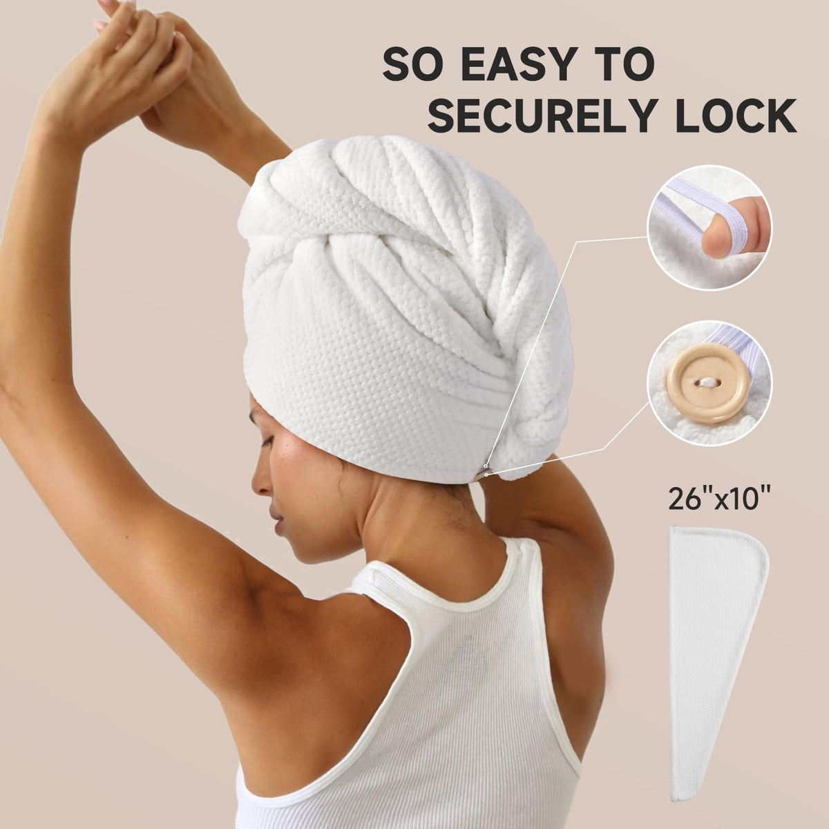Umisleep towel next to hand showing 26x10 inch size helps fit thick hair