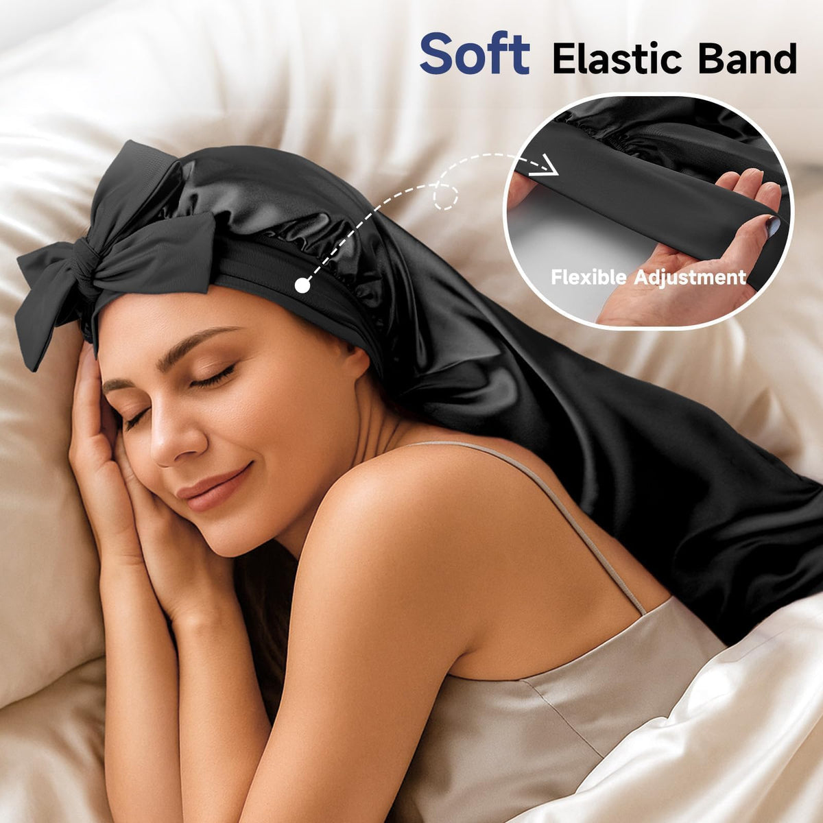 Umisleep bonnet length measured with tape showing fit for long hair