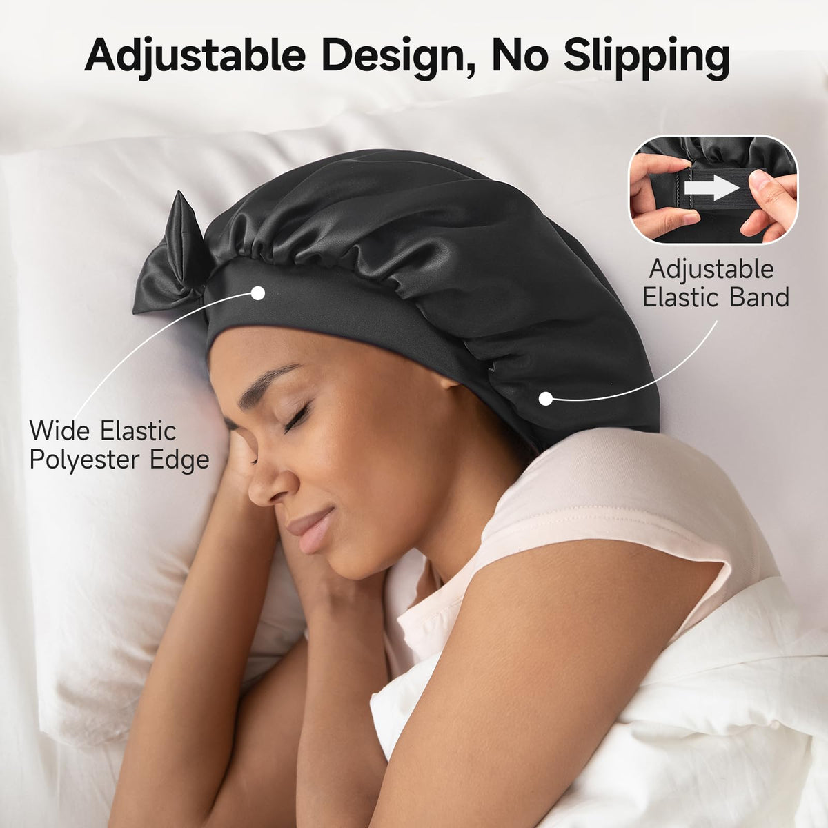 Umisleep bonnet held in hand to show roomy size for long hair benefit