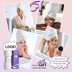Umisleep turban worn in bathroom demonstrating hands‑free drying