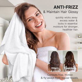 Umisleep turban on model with curly hair demonstrating hands-free convenience
