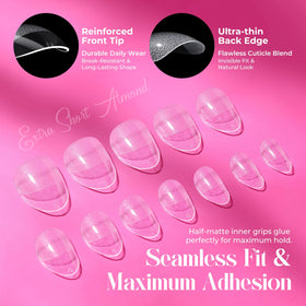 UNA GELLA finished extra-short almond nails showing natural look