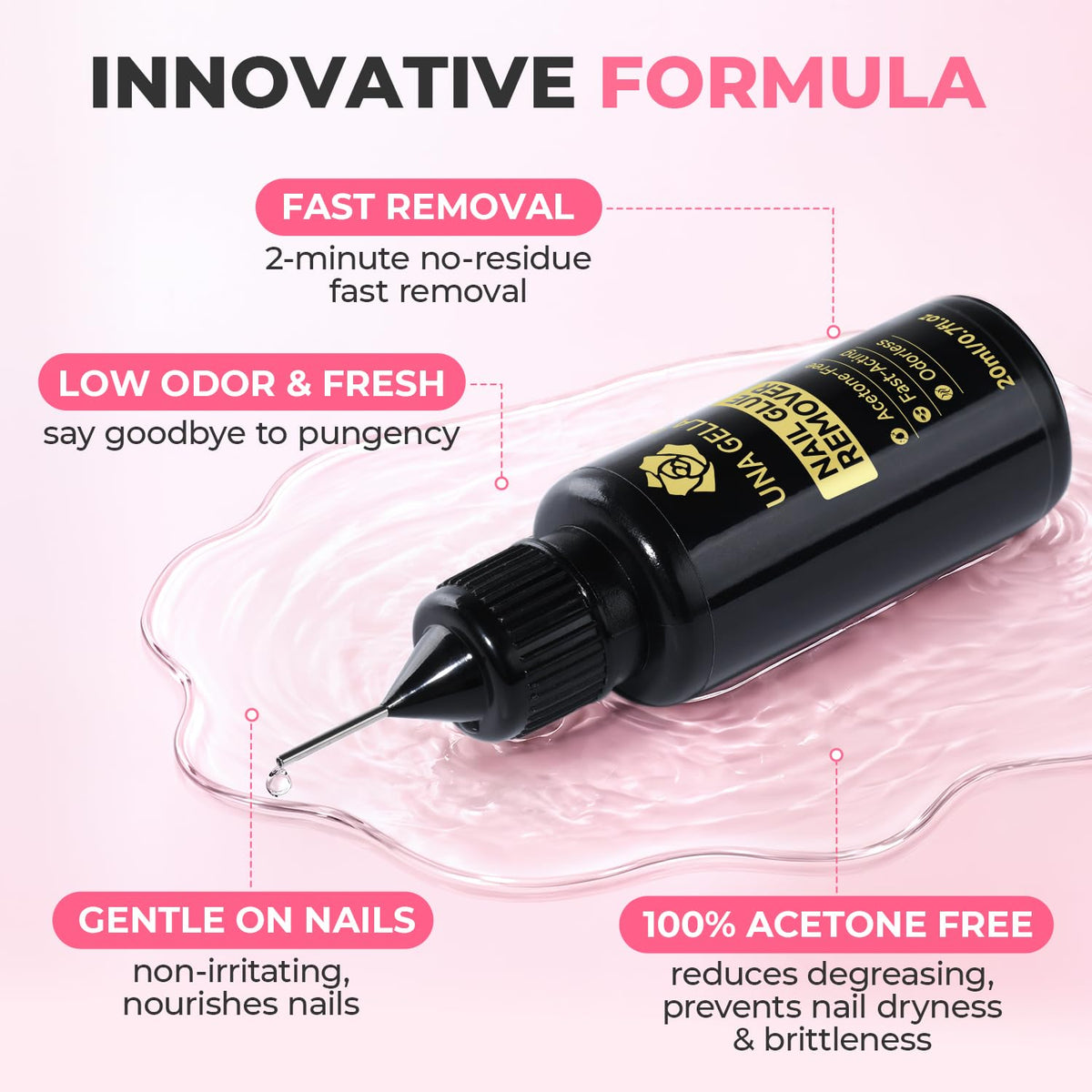 UNA GELLA non-acetone remover bottle front showing gentle formula