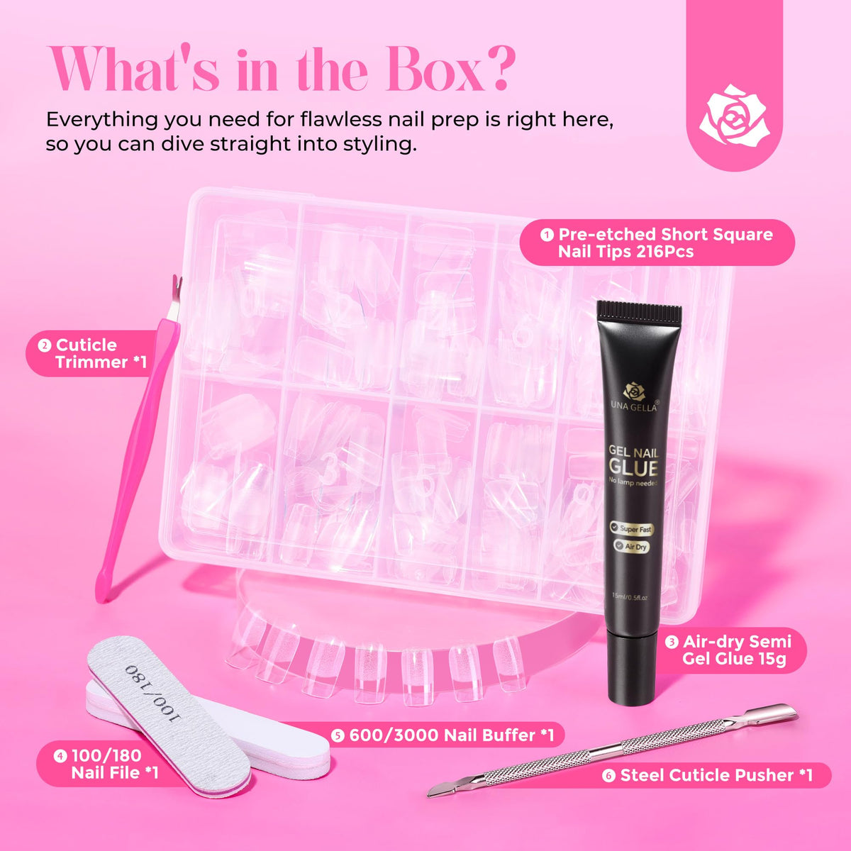 UNA GELLA size chart and numbered tips for fast, accurate selection and fit
