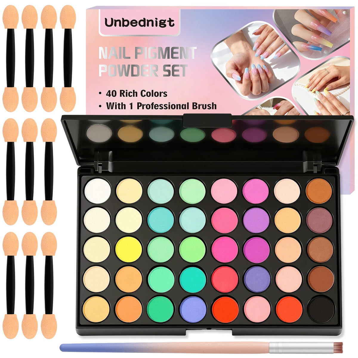 Unbednigt 40-color palette flatlay showing full shade range for creative variety