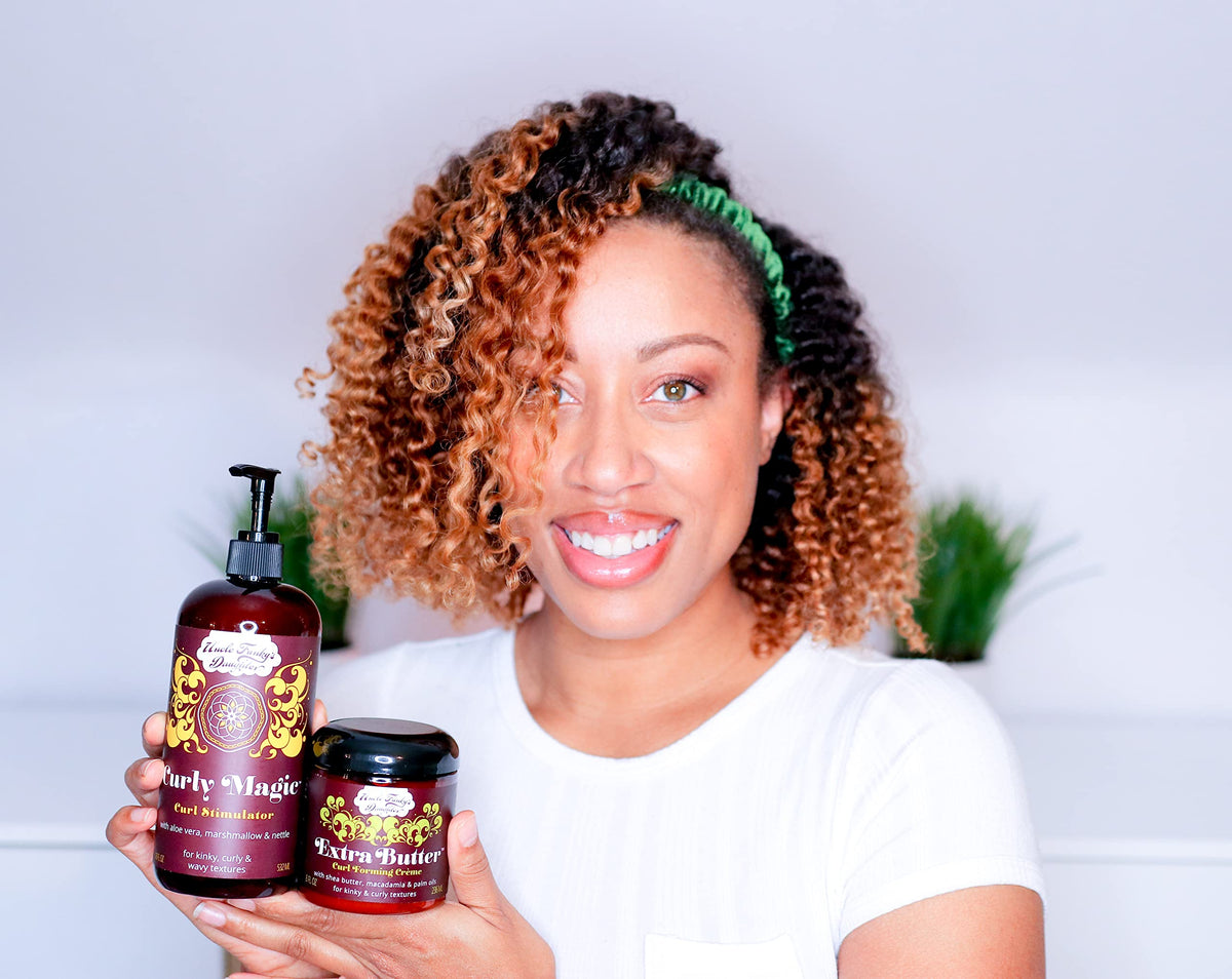 Uncle Funky's Daughter applied to curly hair illustrating definition and frizz control