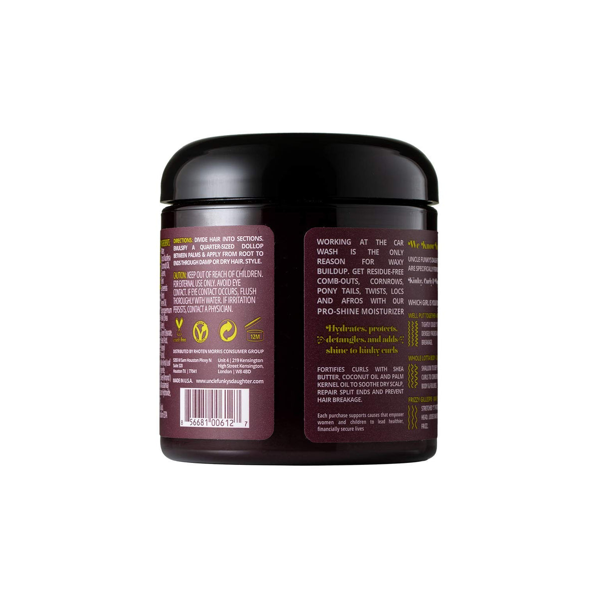 Uncle Funky's Daughter back label ingredients view highlighting moisturizing components