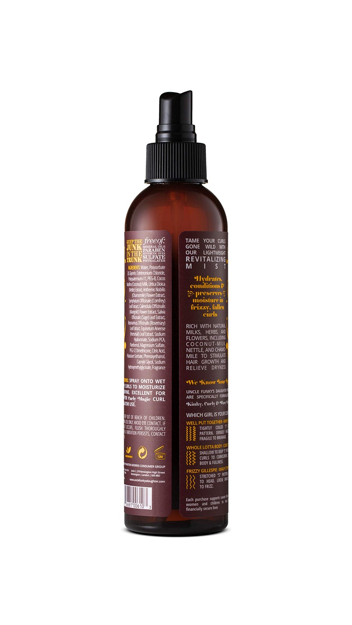Uncle Funky's Daughter mist sprayed onto curls to refresh and revive bounce