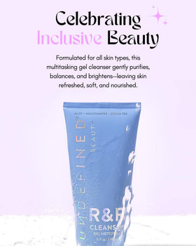Undefined R&R Cleanser on bathroom shelf demonstrating daily routine fit