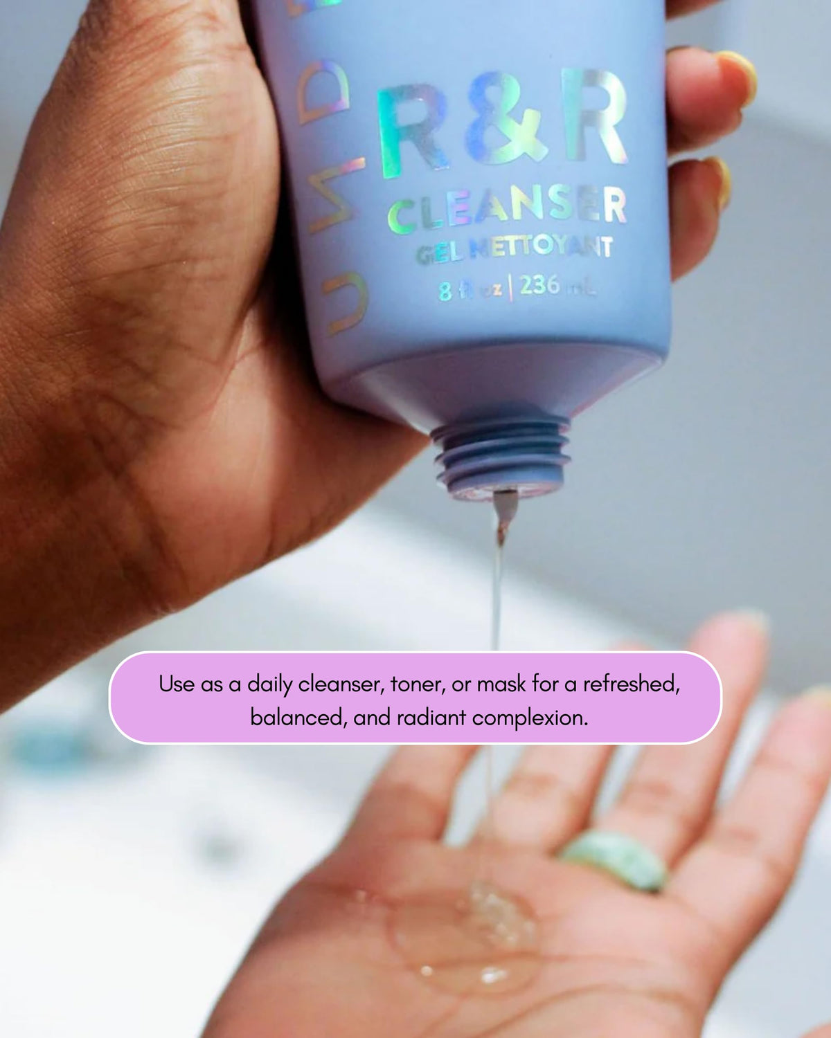 Undefined R&R Cleanser held in hand showing 8oz size and travel-friendly scale