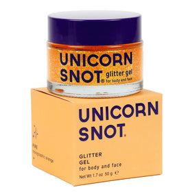 UNICORN SNOT front jar showing fire orange holographic gel and label benefit