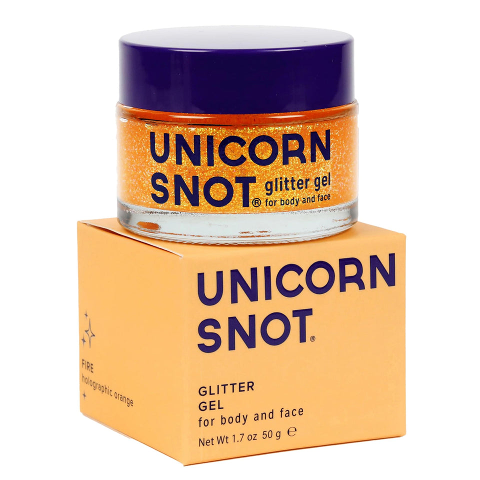 UNICORN SNOT front jar showing fire orange holographic gel and label benefit