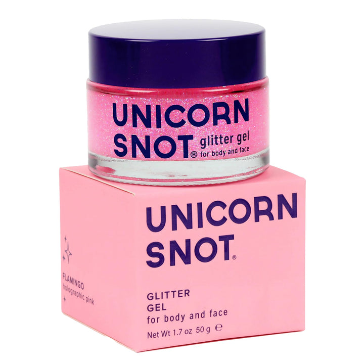 UNICORN SNOT flamingo pink jar front view showing holographic glitter goodness