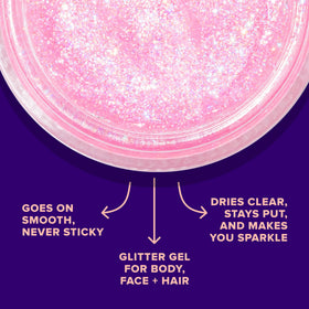 UNICORN SNOT glitter applied on cheekbone delivering visible festival-ready highlight