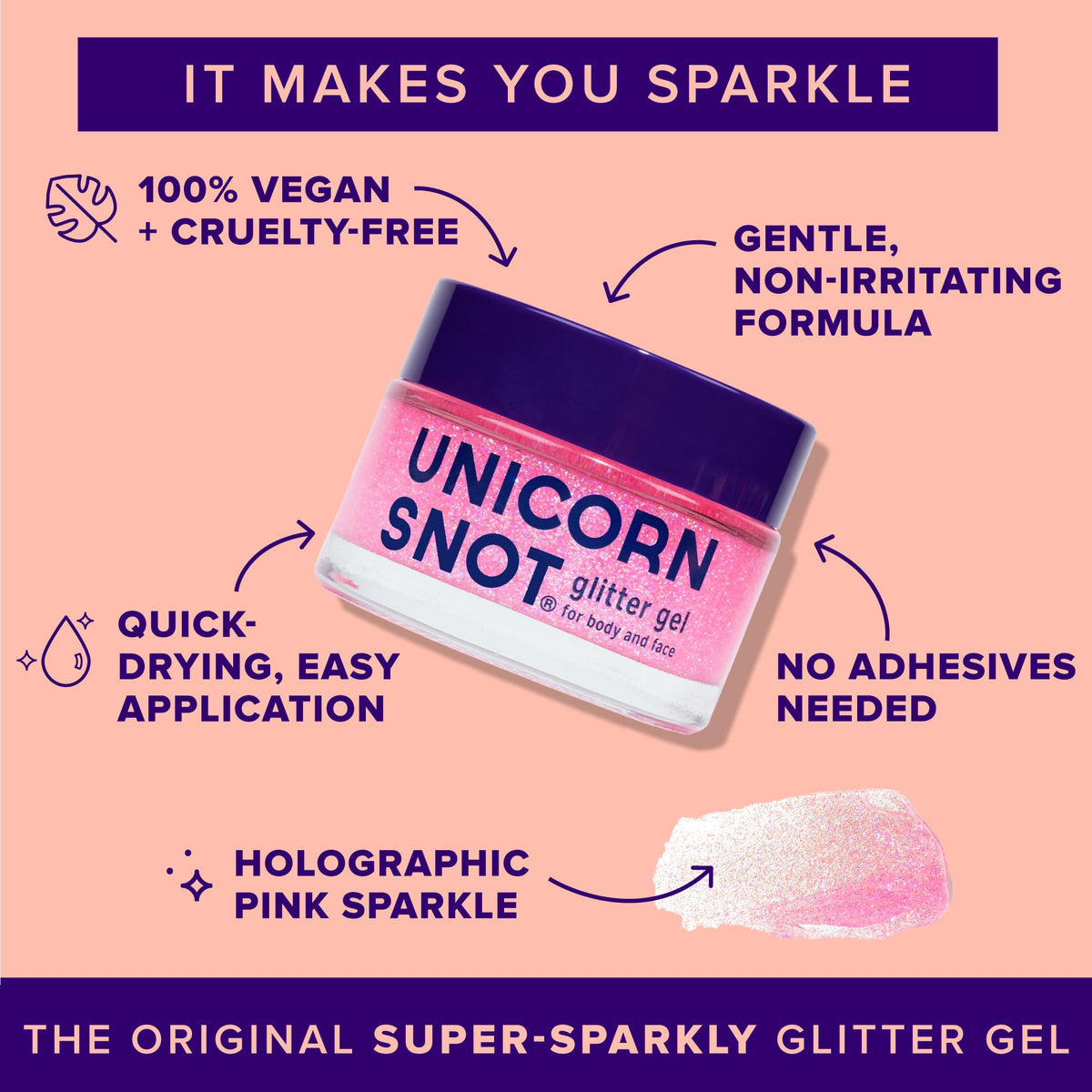 UNICORN SNOT close-up gel texture showing smooth glitter for easy application