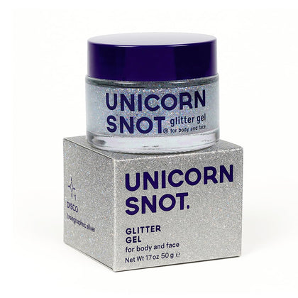 UNICORN SNOT front jar silver disco showing packaging and portable size