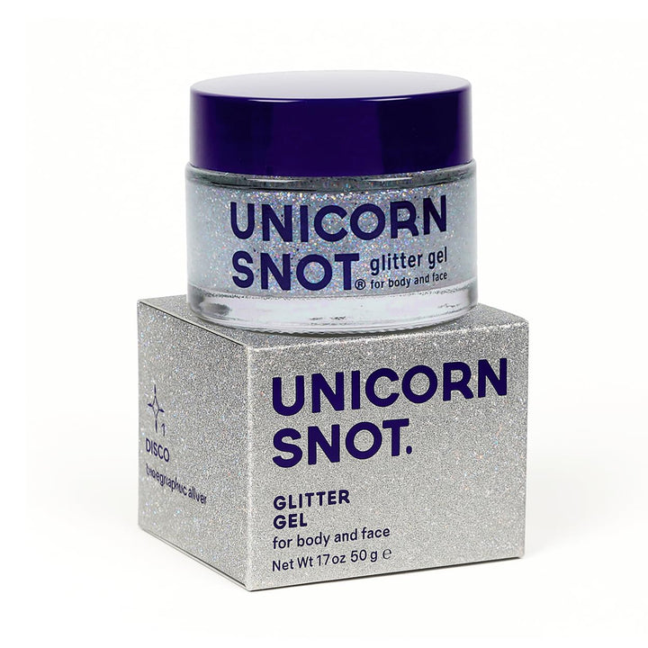 UNICORN SNOT front jar silver disco showing packaging and portable size