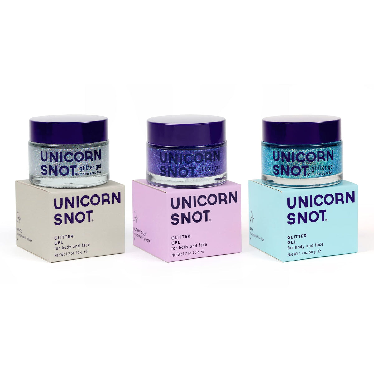UNICON SNOT front packaging showing three glitter gel tubes and colors enhancing festival looks