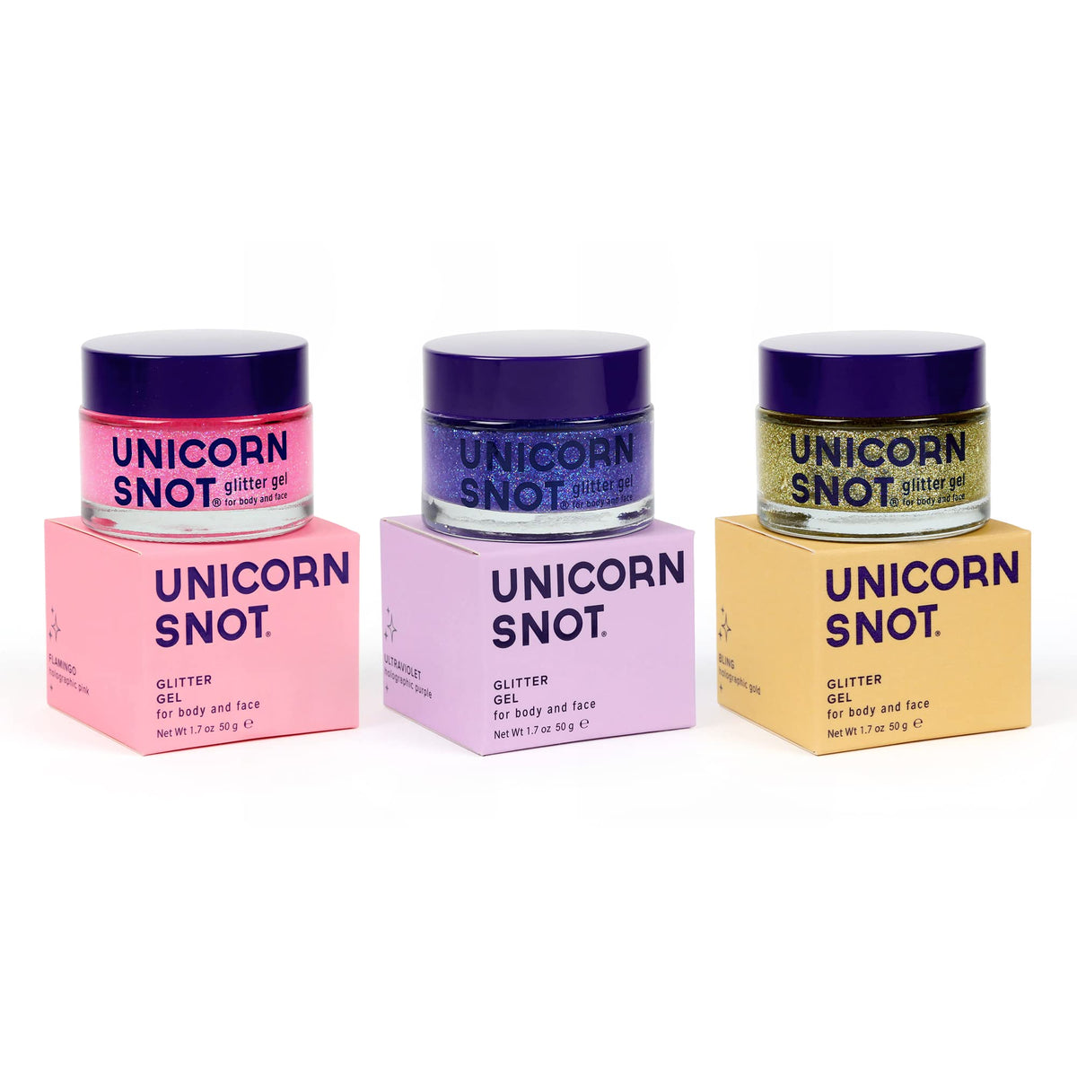 UNICORN SNOT front packaging trio showing three 1.7 oz tubes, festival-ready sparkle