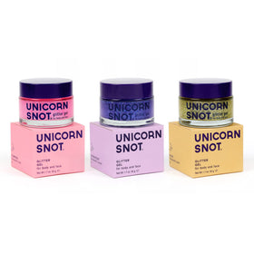 UNICORN SNOT front packaging trio showing three 1.7 oz tubes, festival-ready sparkle