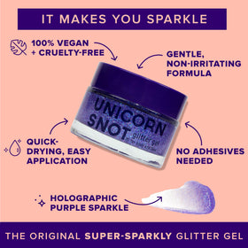 UNICORN SNOT close-up gel texture revealing holographic flakes for intense sparkle