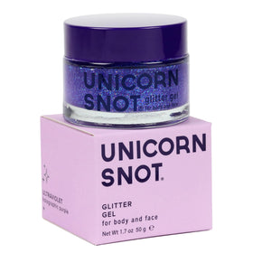 UNICORN SNOT jar front view showing purple holographic gel, easy identification benefit