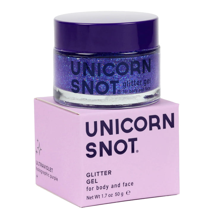 UNICORN SNOT jar front view showing purple holographic gel, easy identification benefit