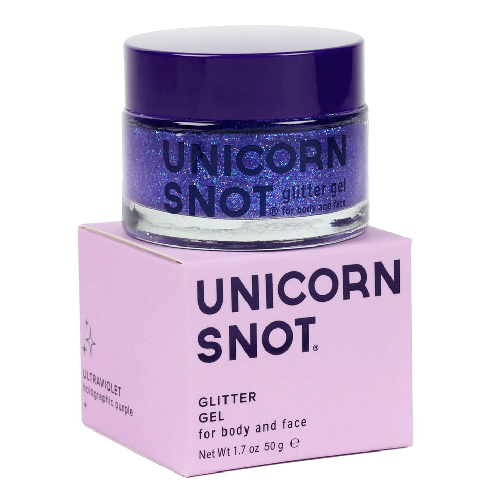 UNICORN SNOT jar front view showing purple holographic gel, easy identification benefit