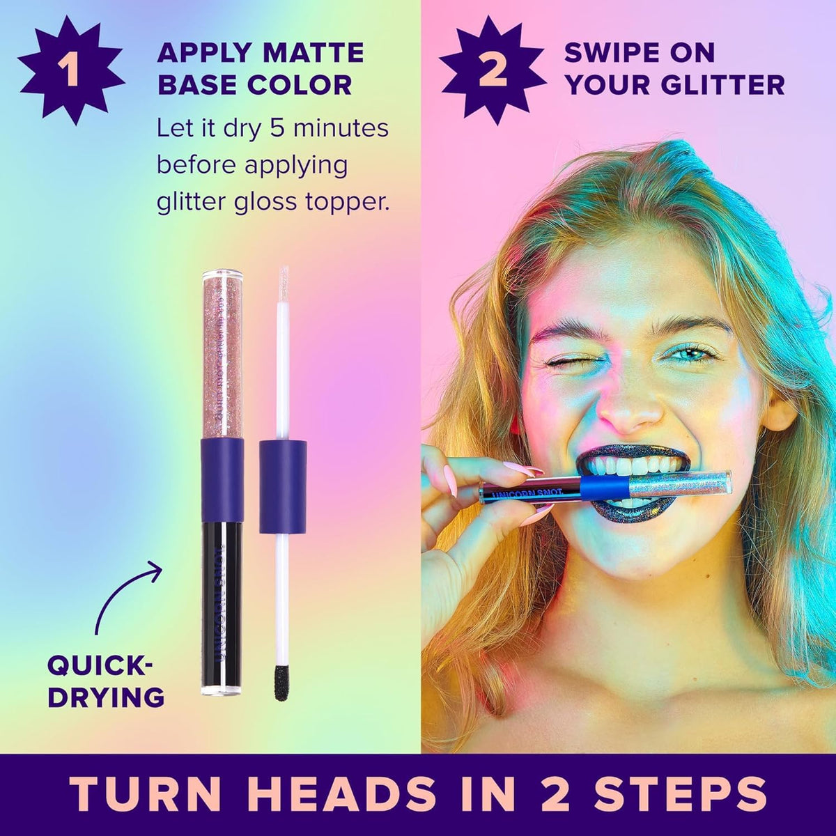 UNICORN SNOT duo applied on lips at a party showing eye-catching sparkle benefit