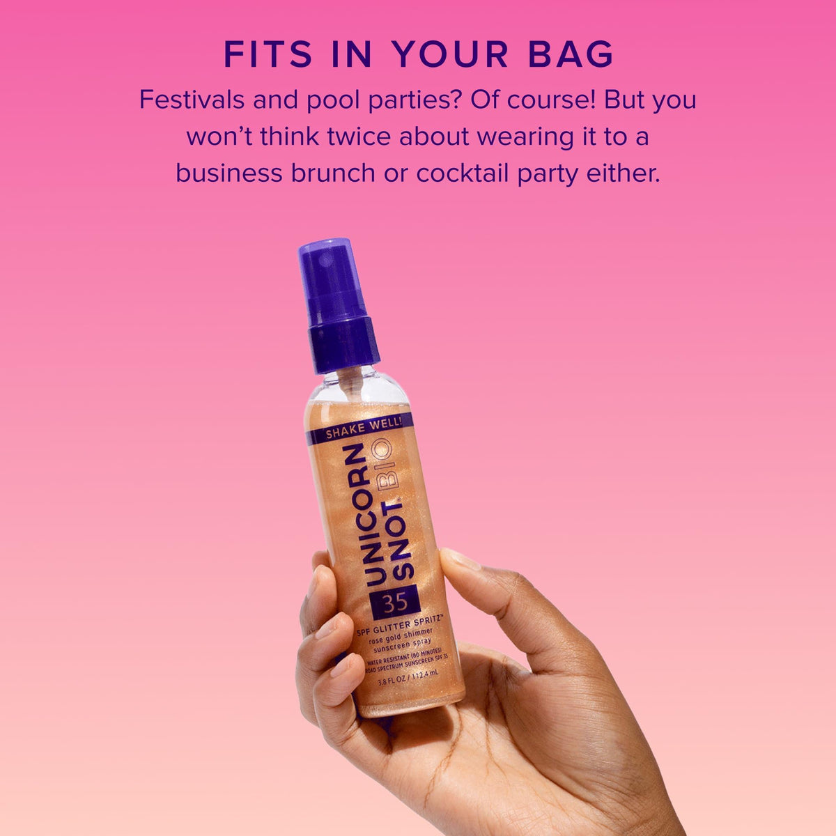 Product next to sunglasses showing Unicorn Snot size and travel-friendly benefit
