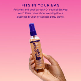 Product next to sunglasses showing Unicorn Snot size and travel-friendly benefit
