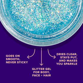UNICORN SNOT applied on cheekbone highlighting blue sparkle for photo-ready glow