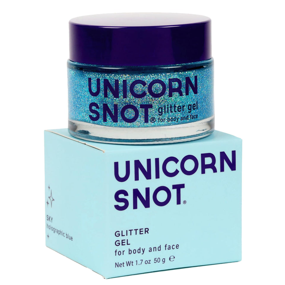 UNICORN SNOT front jar showing sky blue holographic glitter and convenient travel size