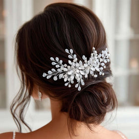 Unicra comb placed above a low bun illustrating wedding hairstyle compatibility